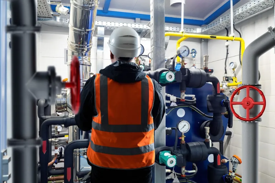 Technician in an orange safety vest and white helmet inspecting industrial pipes and gauges in a mechanical room.