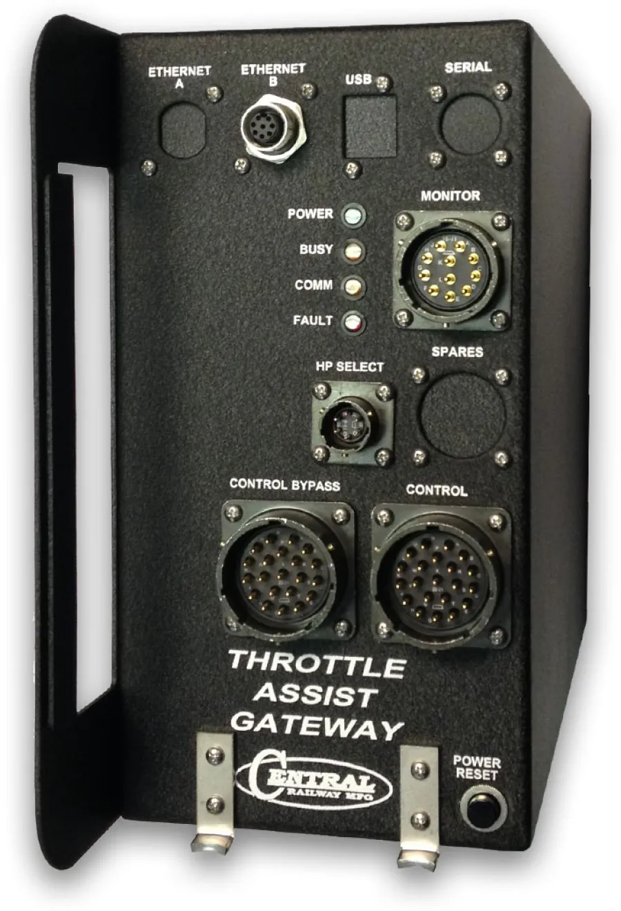 Black electronic Throttle Assist Gateway device with multiple ports and indicator lights from Central Railway Mfg.
