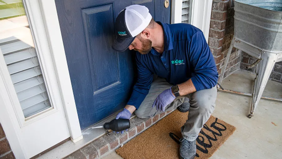 Technician in uniform inspecting a door's threshold for pests at a home's entrance with gloves and tools.