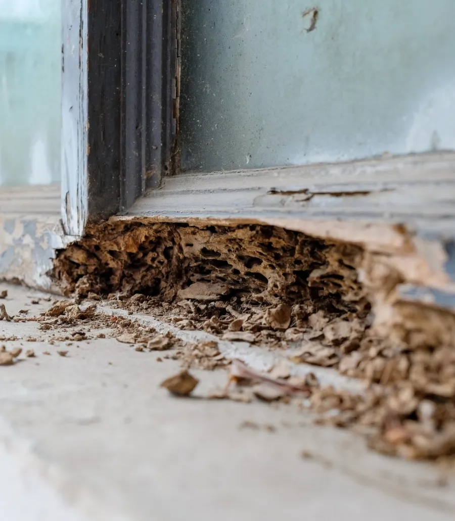 Damaged window sill showing decay and wood deterioration from pests or moisture.