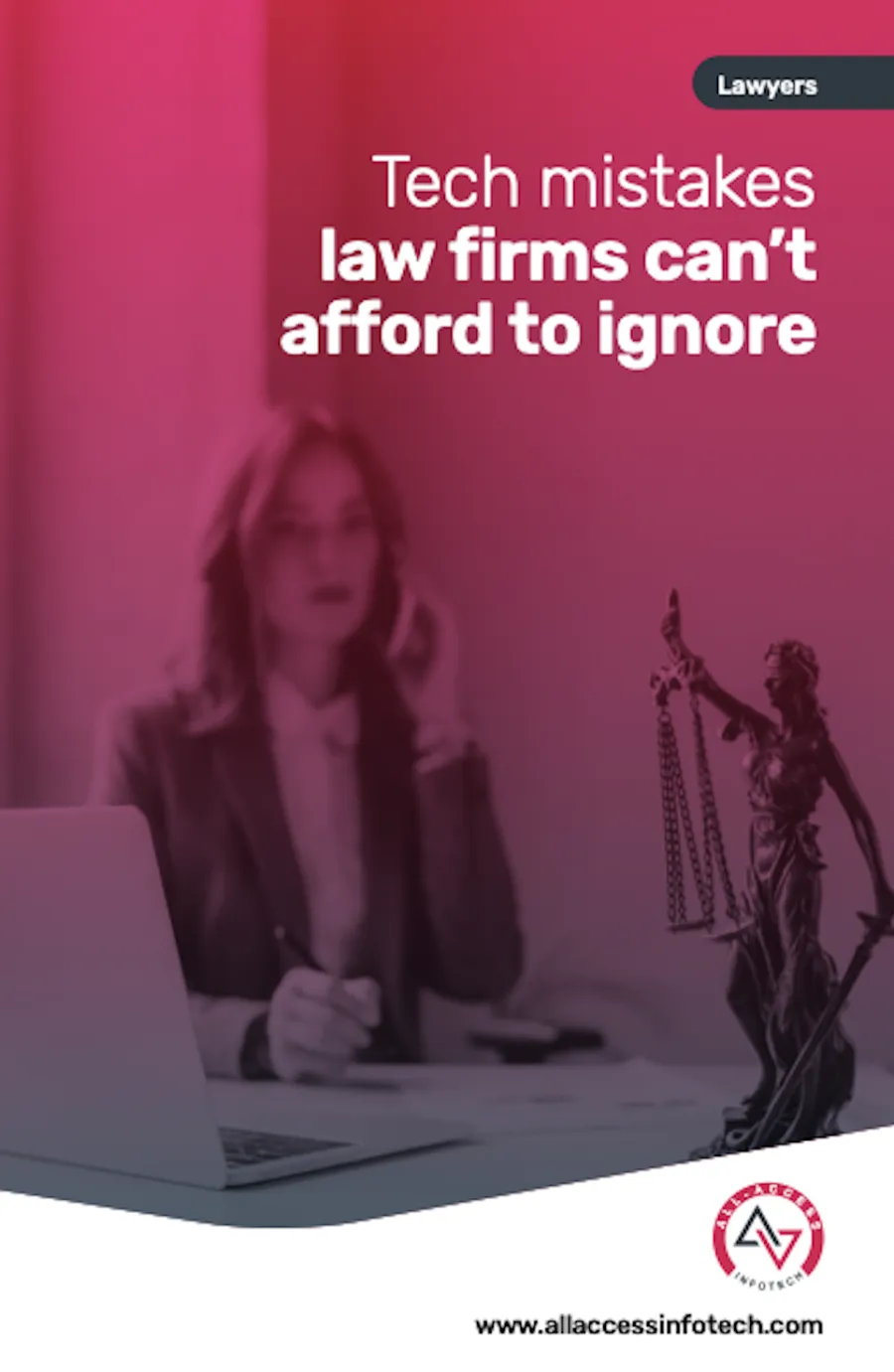 Legal professional on call with laptop and Lady Justice statue, highlighting tech mistakes in law firms.