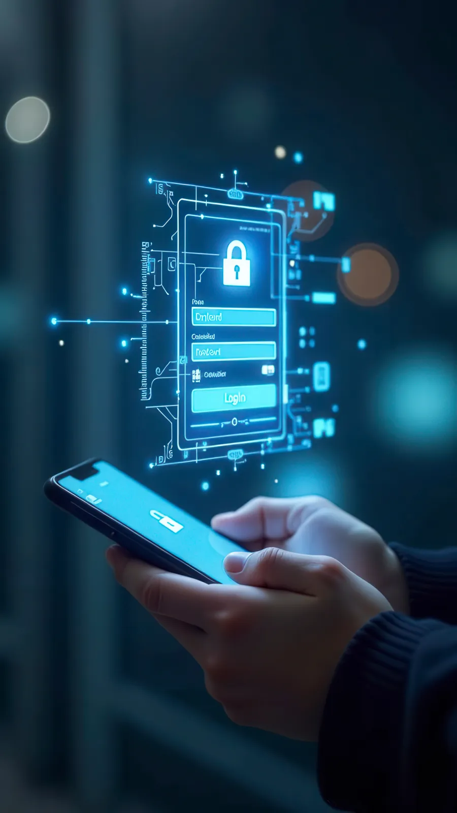 Person holding smartphone with digital login interface and security lock icon hologram in blue tech style.