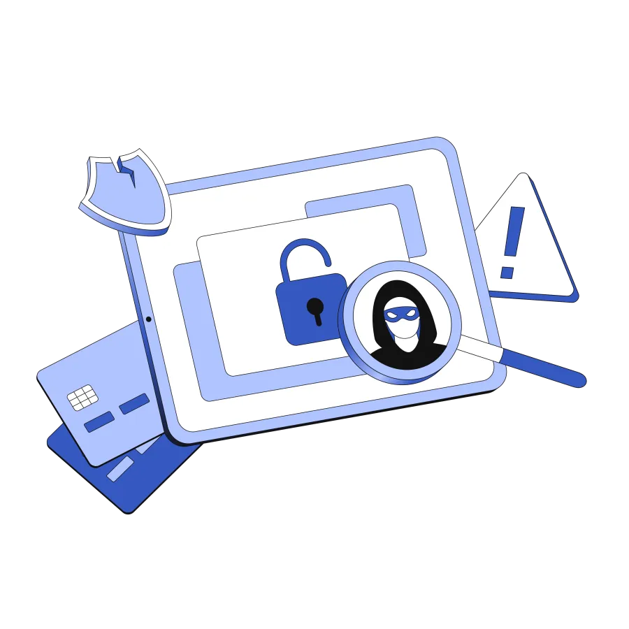 Tablet with an unlocked padlock, credit cards, broken shield, magnifying glass on masked hacker, and warning sign representing cyber theft.