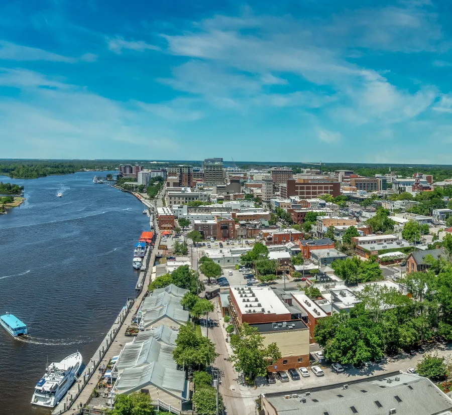 a city next to a body of water