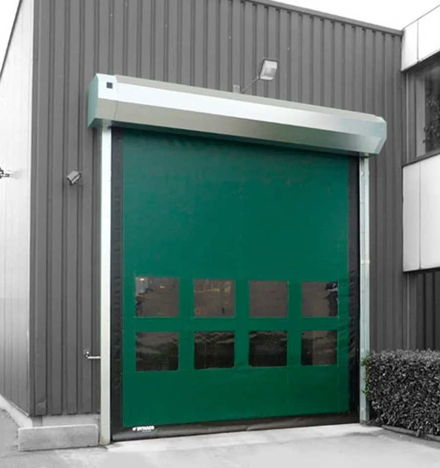 a green door with a light on top