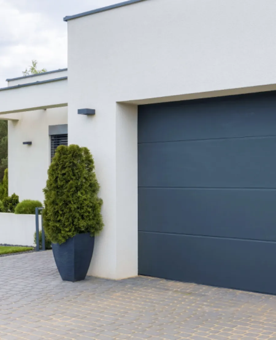 a garage with a blue door