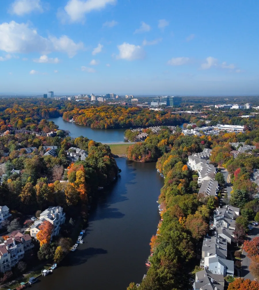 a river with a city in the background