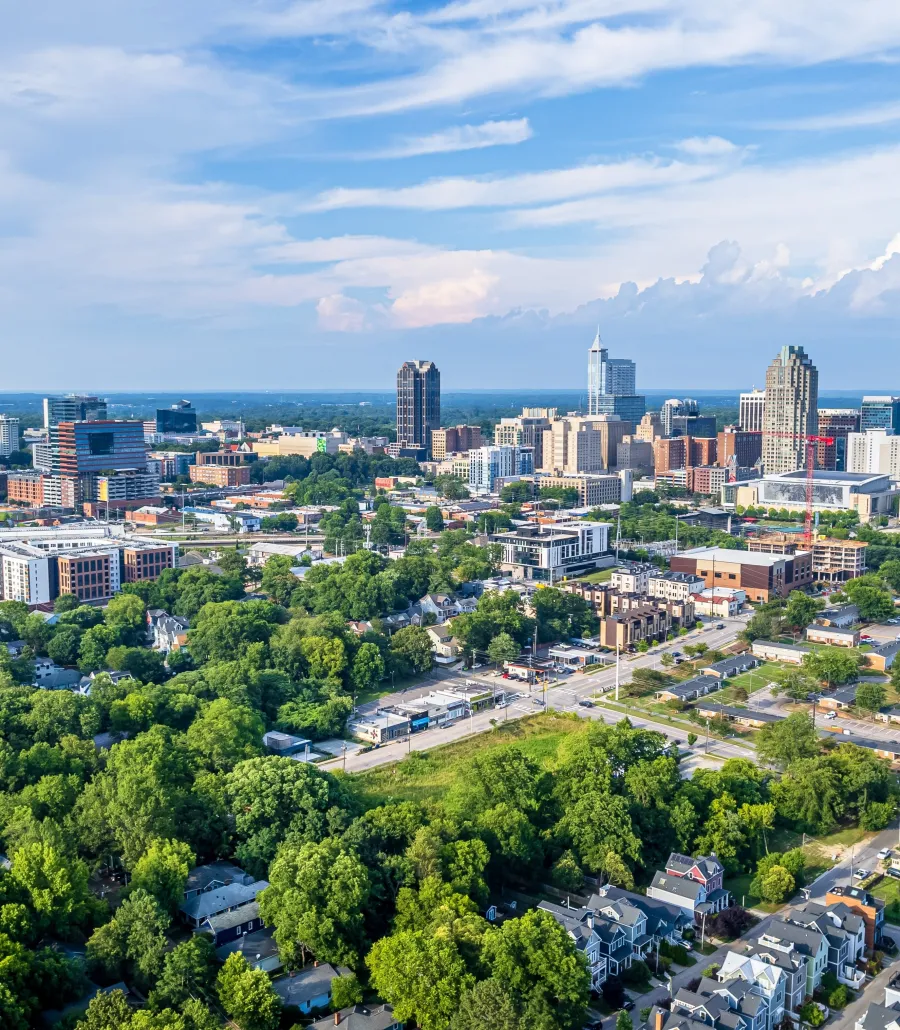 a city with many trees and buildings