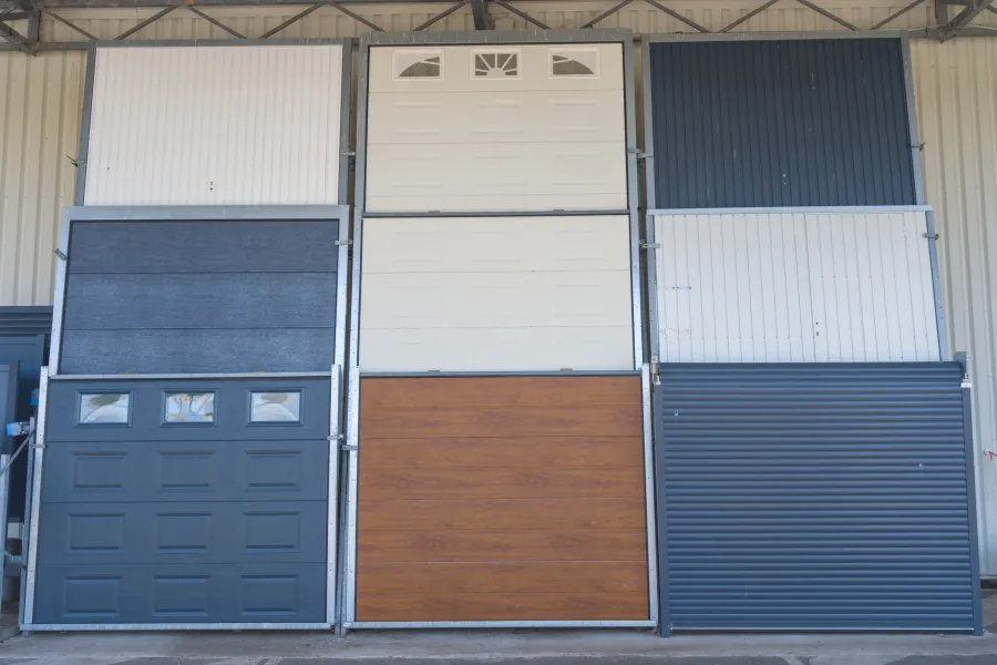 a garage with a blue door