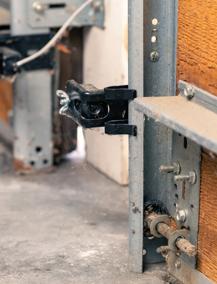 Close-up of metal garage door mechanism with bolts, hinges, and wooden panel on concrete floor.
