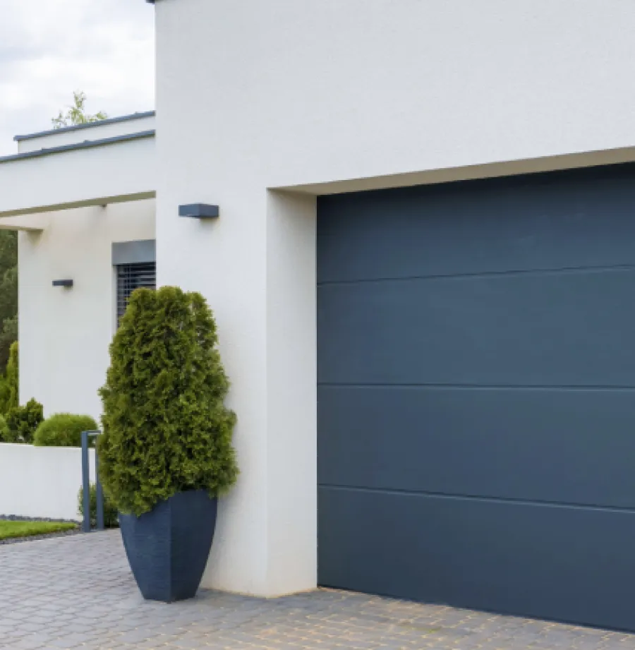 a garage with a blue door