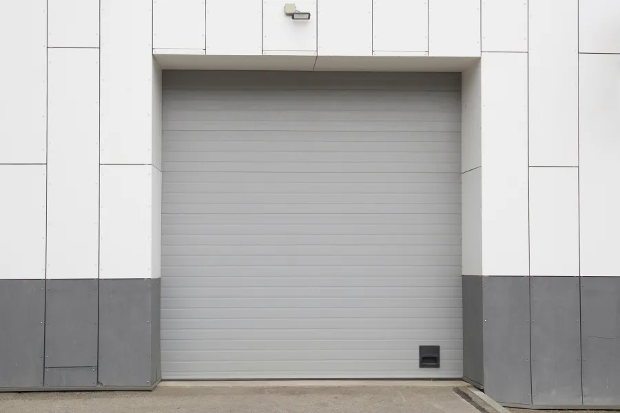 a garage with a blue door