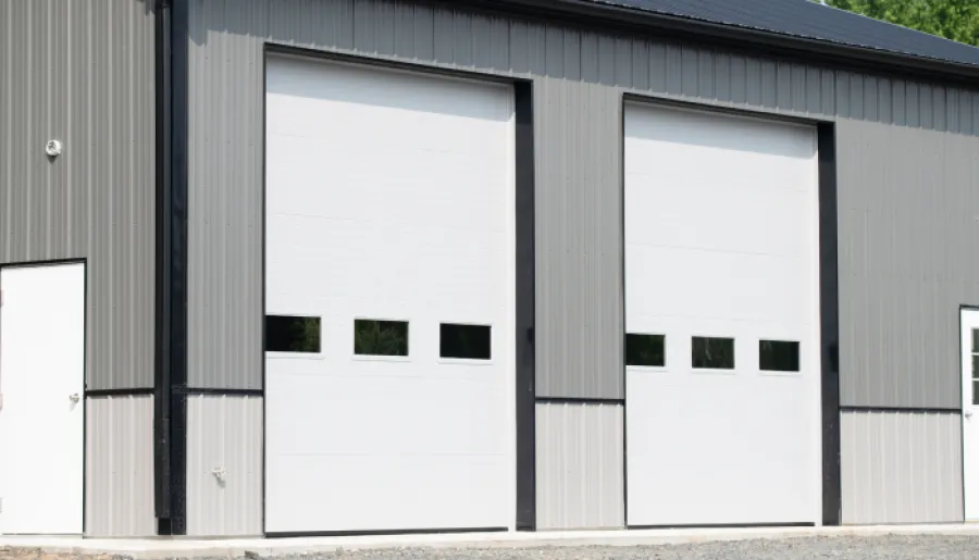 a building with a garage door