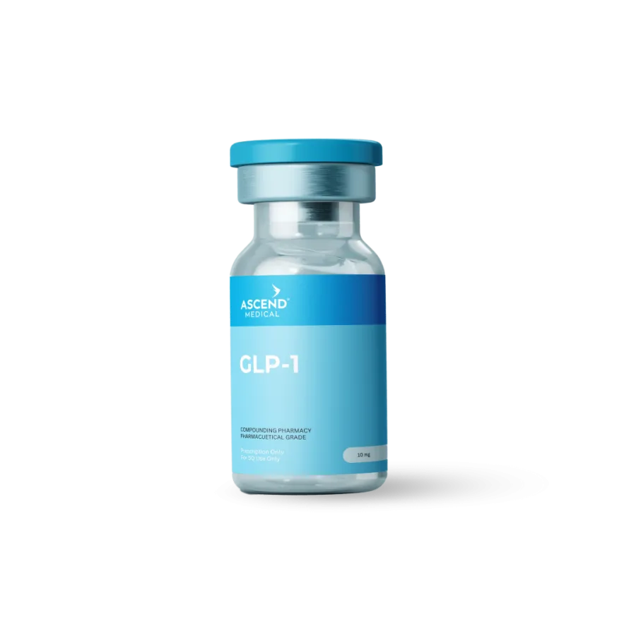Vial of GLP-1 medication with blue label and cap from Ascend Medical against black background