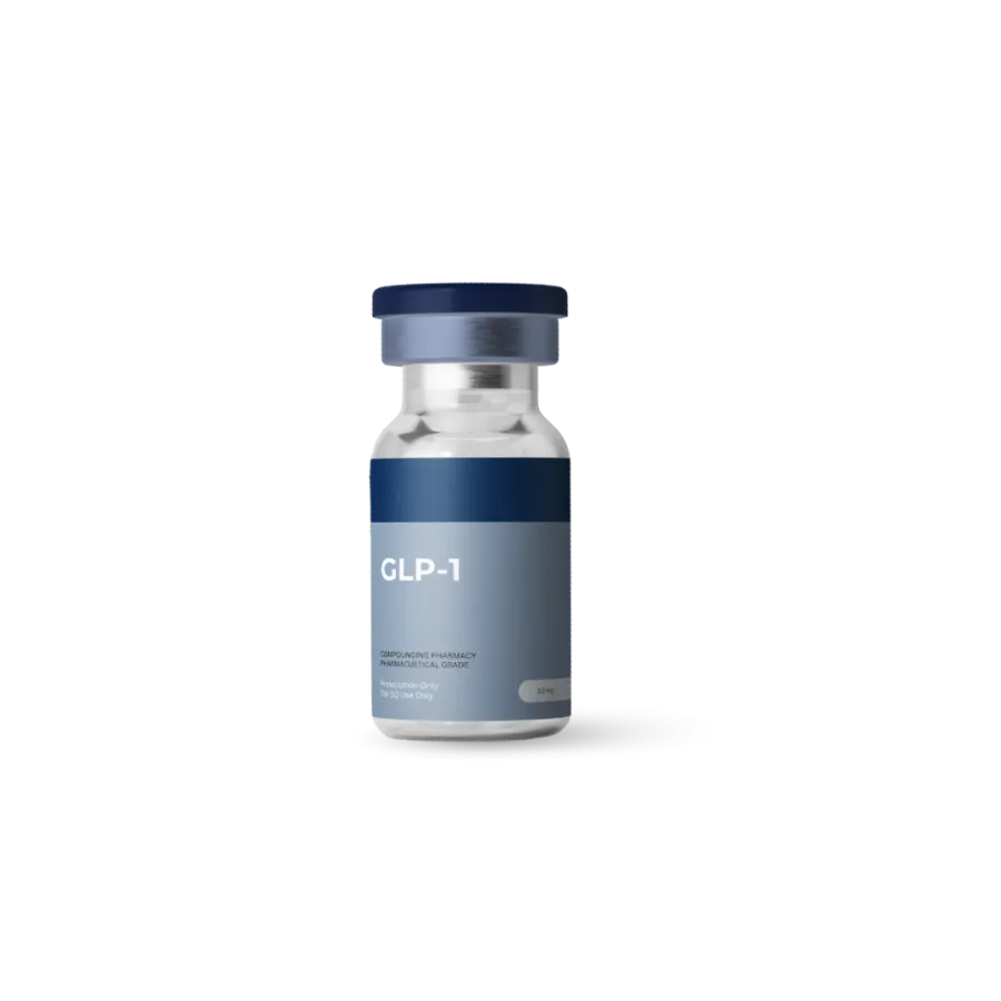 Small glass vial with blue label and cap labeled GLP-1 pharmaceutical grade medication bottle.