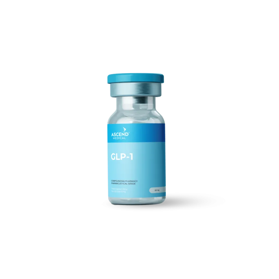 Clear medical vial labeled GLP-1 by Ascend Medical with blue cap and blue gradient label on transparent glass bottle.