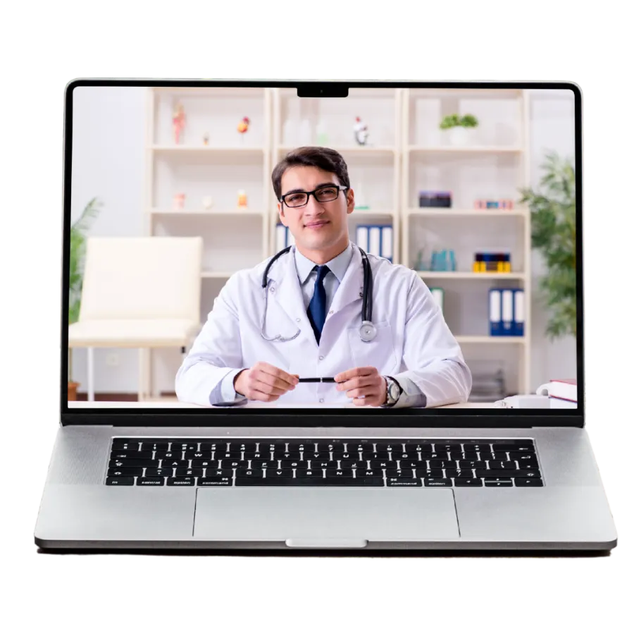 Male doctor in white coat and stethoscope on laptop screen during telehealth video call