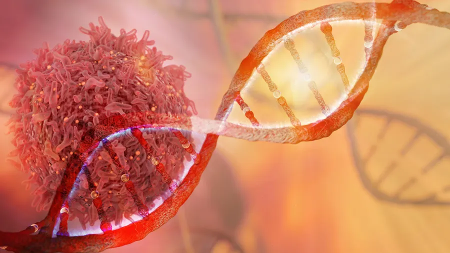 Close-up of a DNA double helix strand intertwined with a cancer cell under a glowing orange light.
