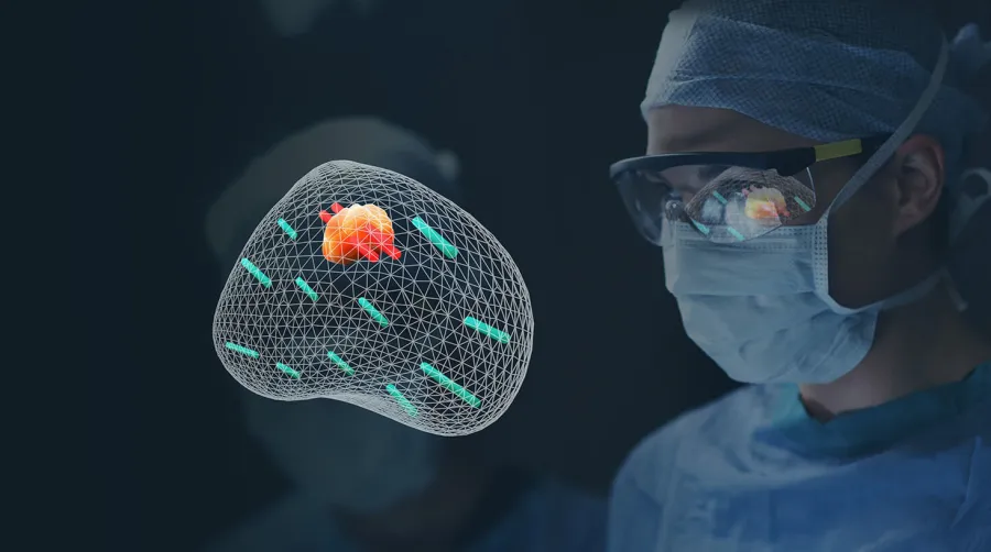 Surgeon wearing AR glasses viewing 3D holographic model with internal structures during operation.