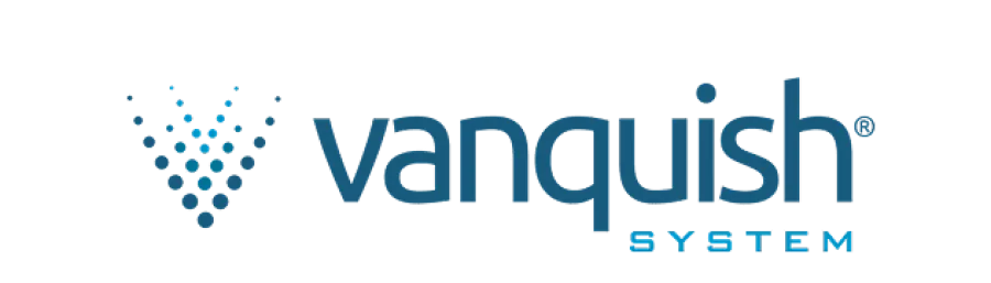 Vanquish System logo with dotted V shape and modern blue typography on transparent background