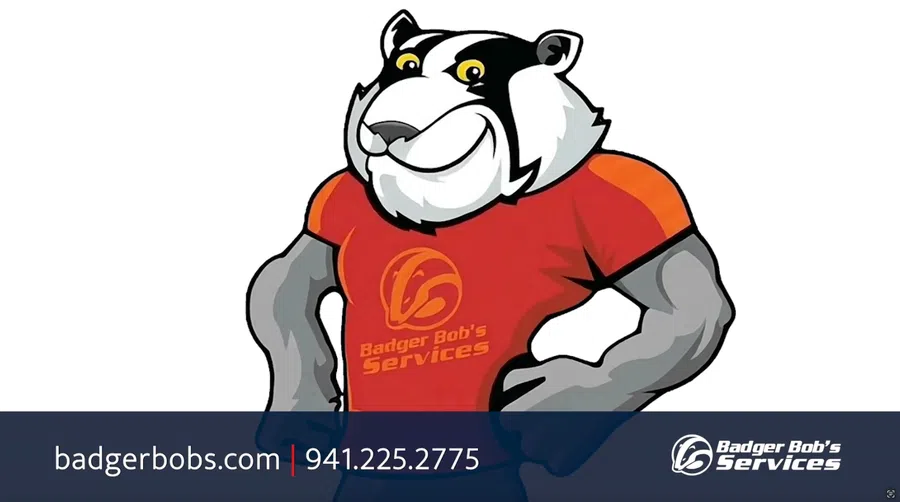 Mascot of a muscular badger in a red shirt representing Badger Bob's Services with contact info and logo.
