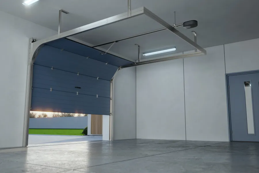 Modern garage interior with an open automated door and concrete floor in natural light.