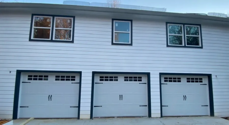 a white building with garages