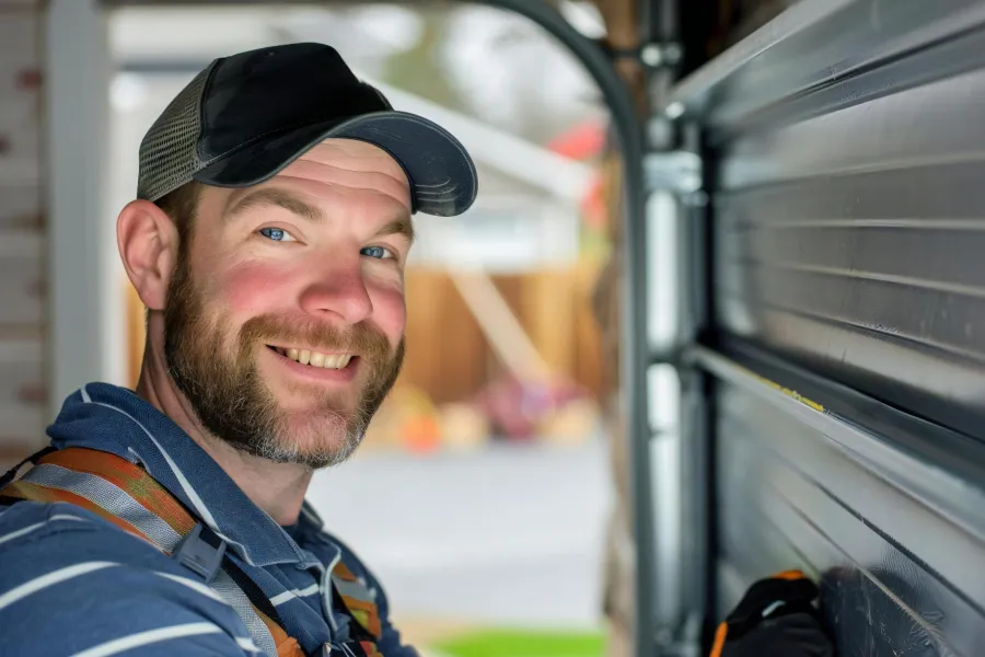 a technician repairing a garage door