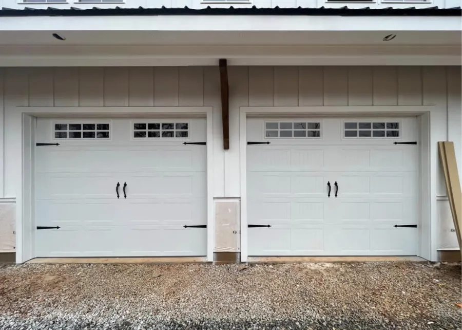 a white garage with a white door