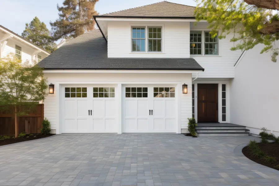 a white house with a brick driveway