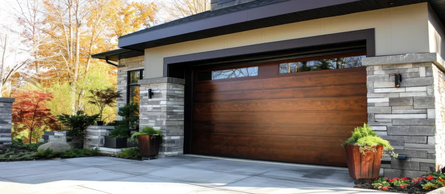 a garage with a wood door