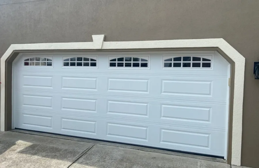 a garage door with a window