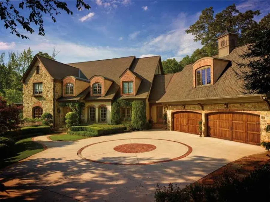 Large stone and brick luxury home with a circular driveway and three wooden garage doors under a blue sky.