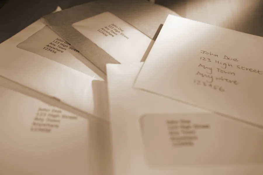 Close-up of various addressed envelopes with handwritten and printed John Doe addresses in soft natural light.