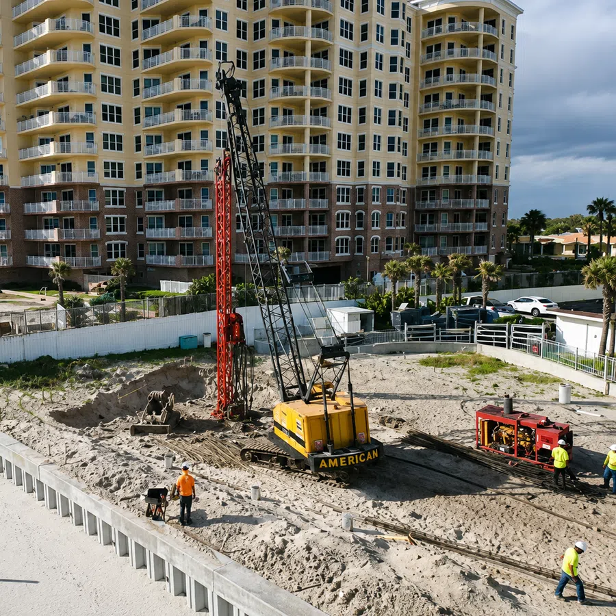 Construction site with heavy machinery and workers near a sandy beachfront condominium building.
