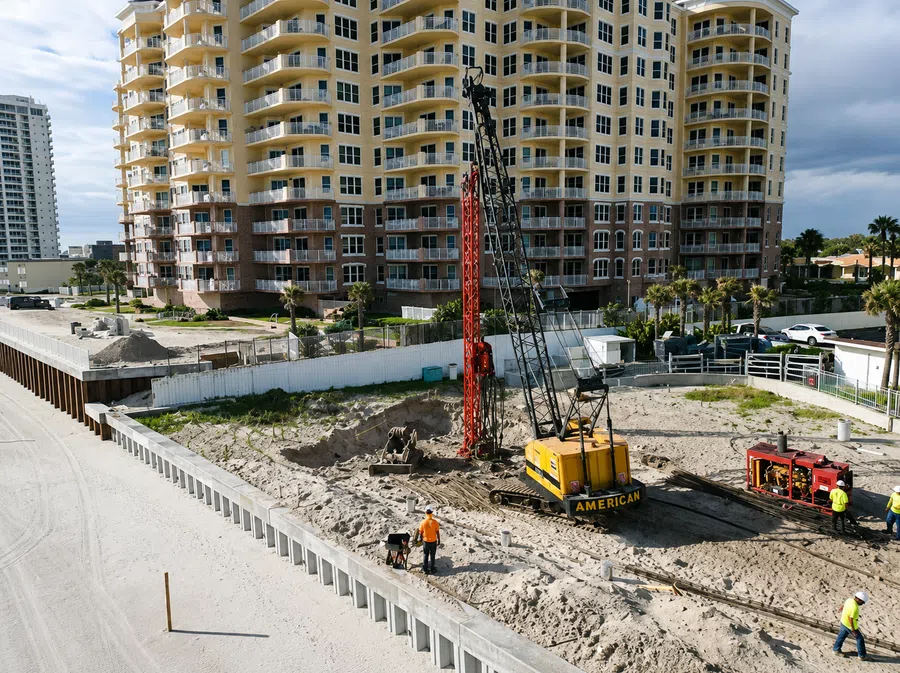 Construction site with heavy machinery and workers near a sandy beachfront condominium building.
