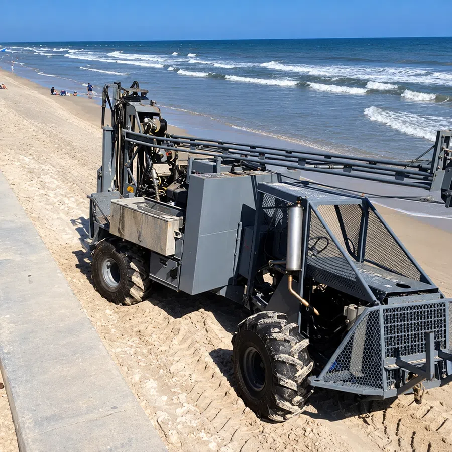 Heavy machinery vehicle on sandy beach near ocean waves working on coastal maintenance.