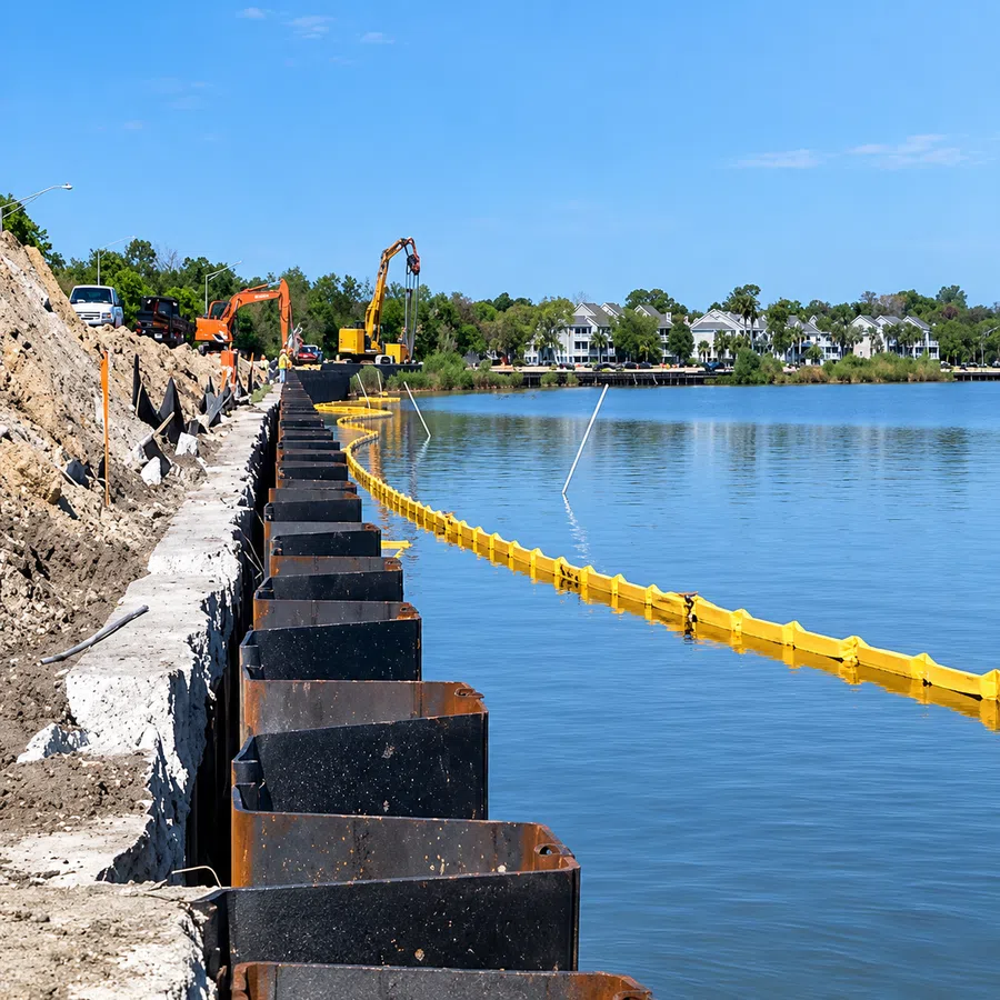 Construction site along waterfront with steel sheet piling and yellow floating barrier in water near residential area