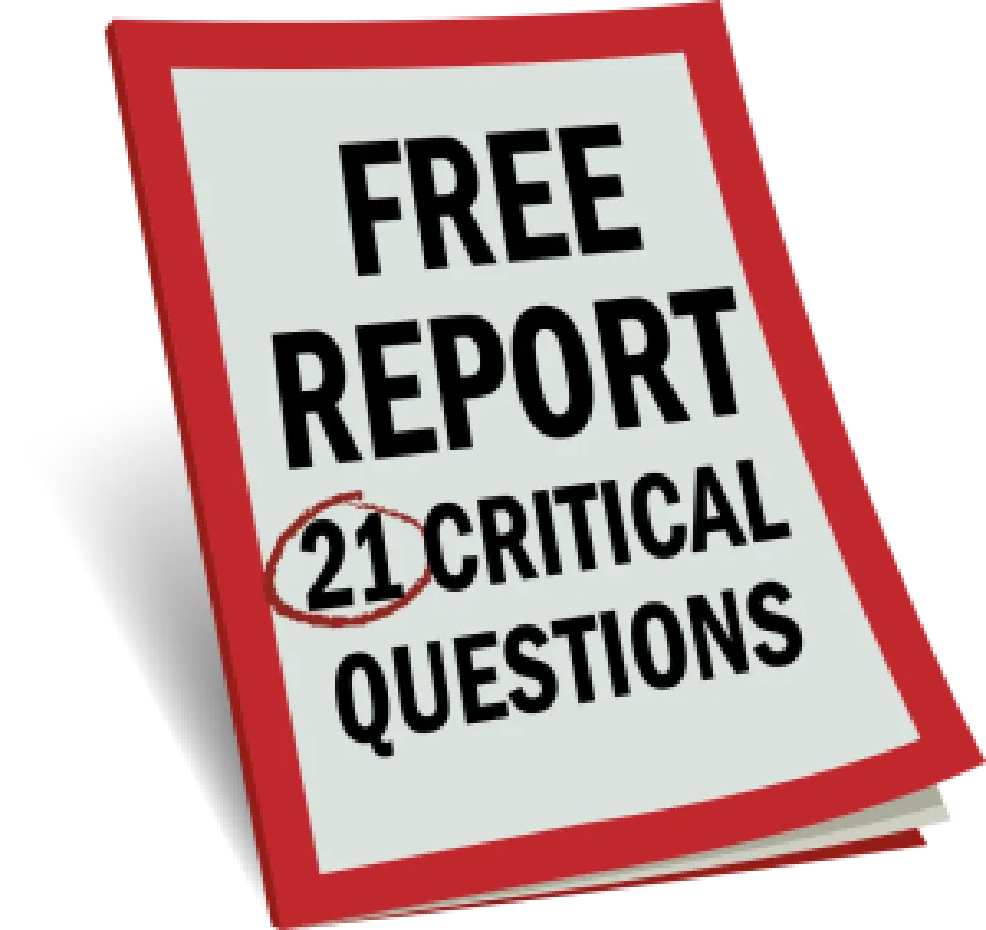 Folded pamphlet with red border titled Free Report 21 Critical Questions with number 21 circled in red.