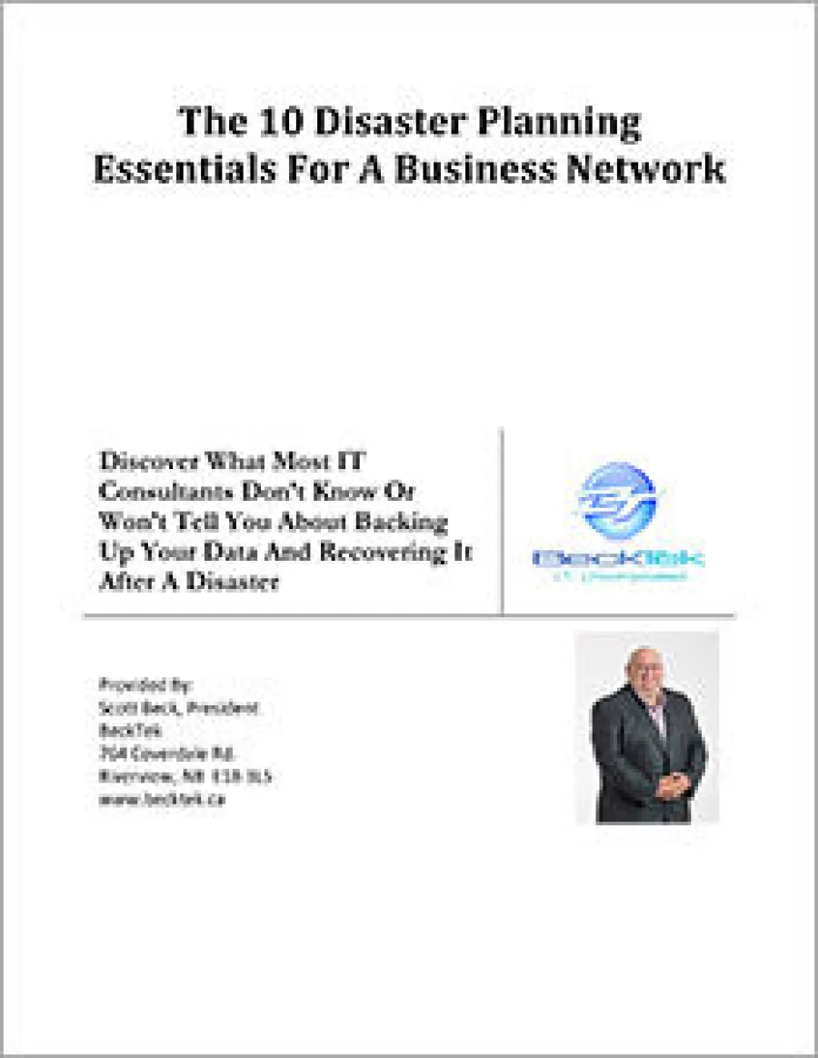 Cover page of disaster planning guide for business networks with consultant's photo and company logo.