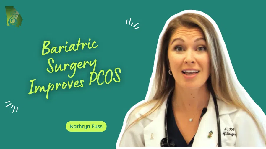 Female doctor in white coat with stethoscope explains how bariatric surgery improves PCOS against green background