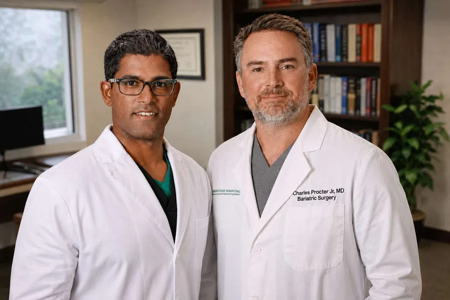 Two male doctors in white coats posing in a medical office with books and a computer in the background