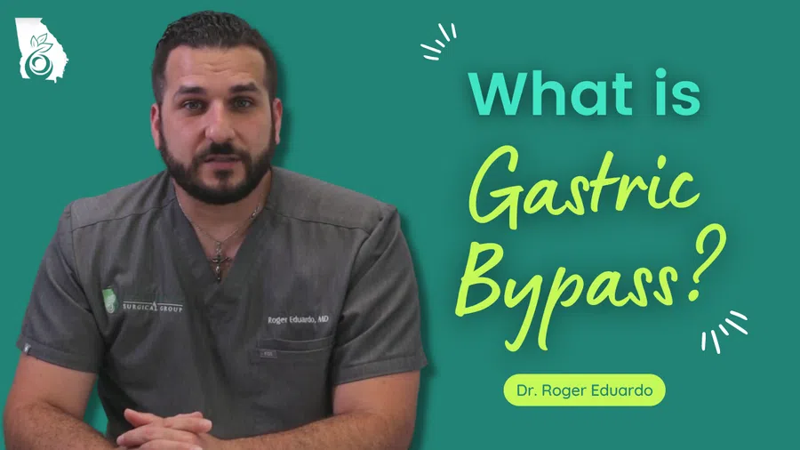 Dr. Roger Eduardo explains gastric bypass surgery in a teal background educational video thumbnail.