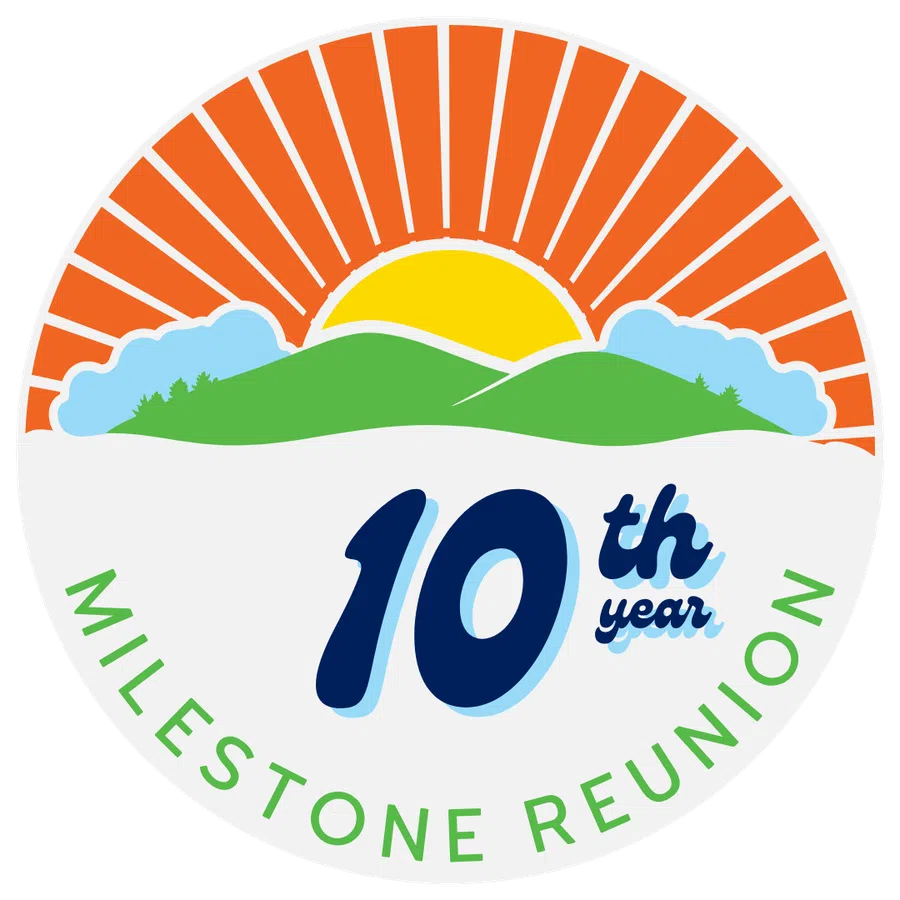 Circular logo with sun rising over green hills, blue clouds, and text '10th year milestone reunion'.