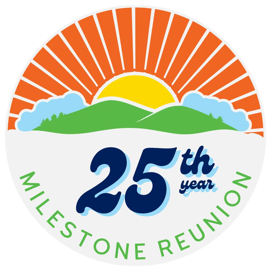Sunrise over green hills with text 25th year milestone reunion in circular badge design