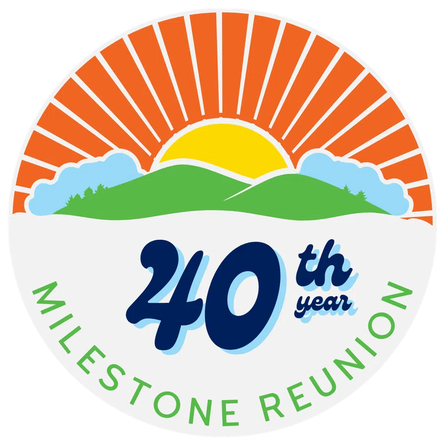 Circular logo with sunrise over green hills, clouds, and text celebrating 40th year milestone reunion.