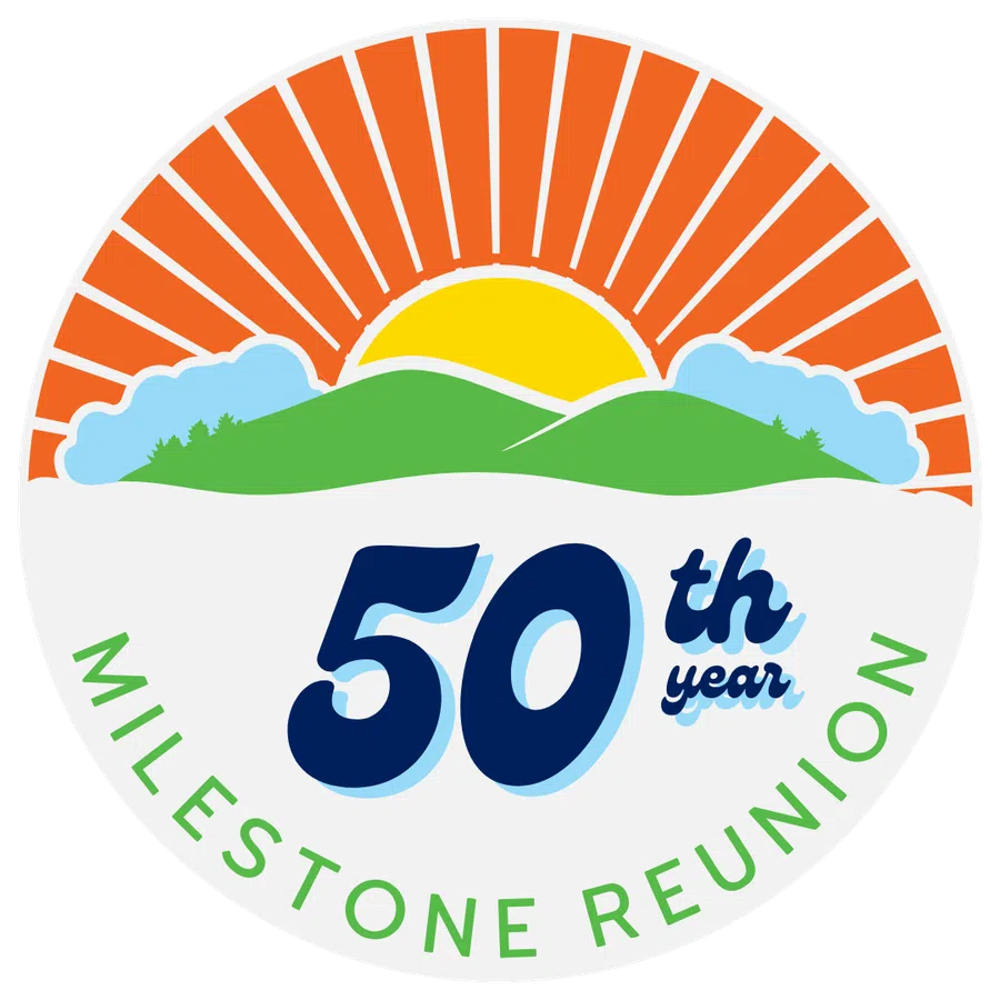 Circular logo with sun rising over green hills and text celebrating 50th year milestone reunion.