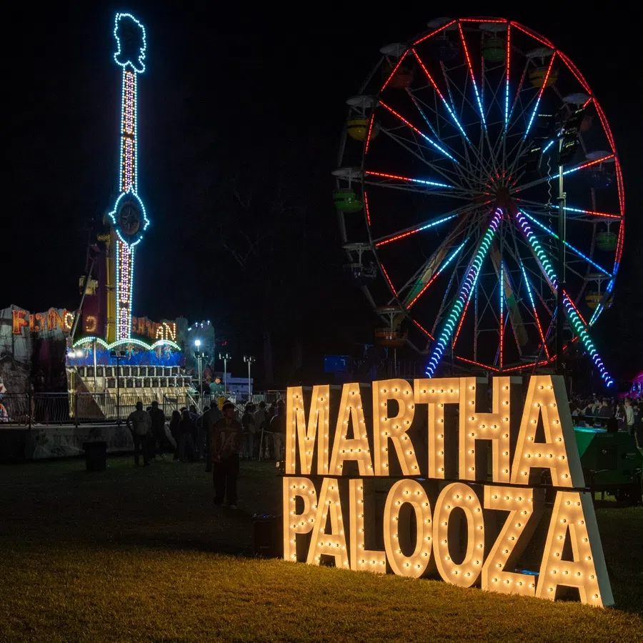 Illuminated Martha Palooza sign with ferris wheel and carnival rides lit up at night festival