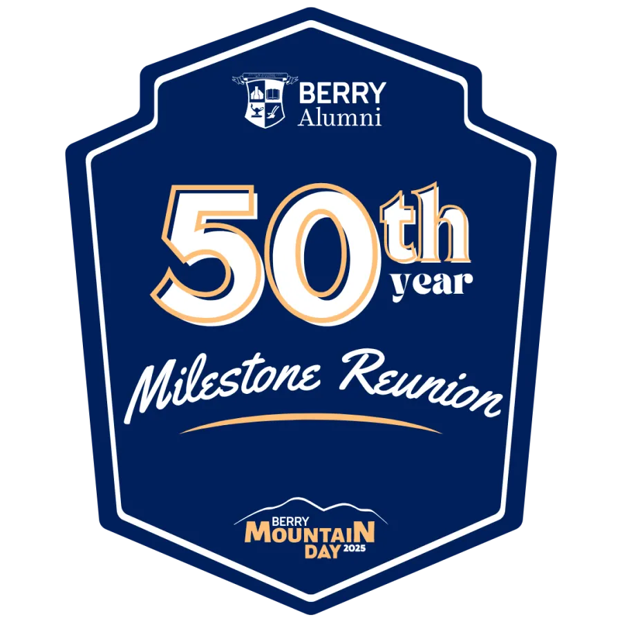 Berry Alumni 50th year Milestone Reunion emblem with Mountain Day 2025 celebration on a blue shield background.