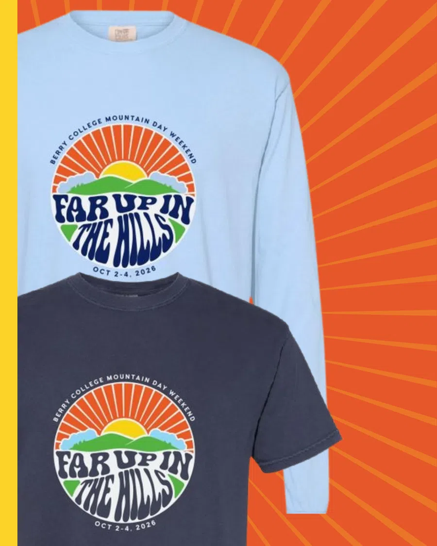 Light blue and dark gray shirts with colorful Berry College Mountain Day Weekend Far Up in the Hills logo for Oct 2-4, 2026.
